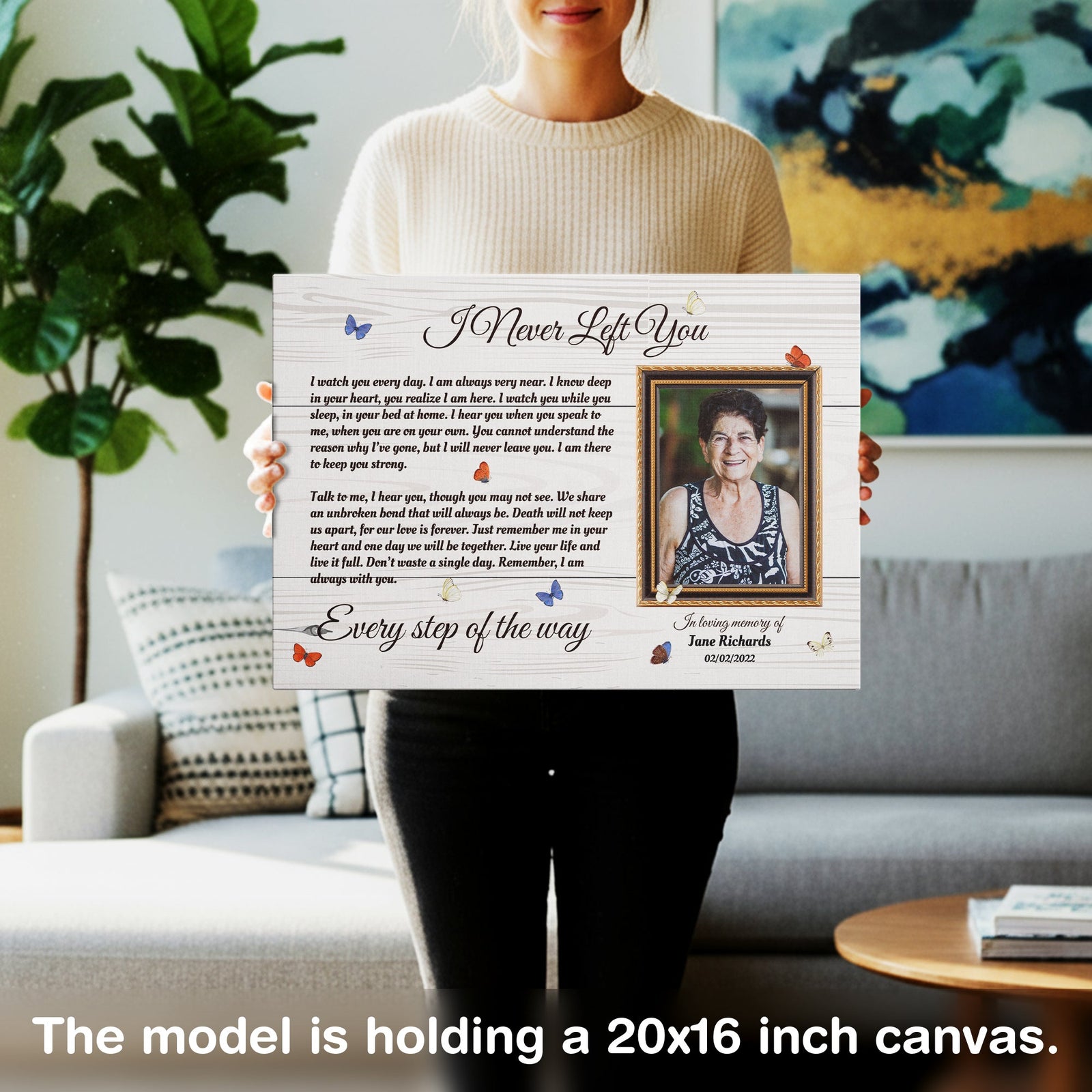 I Never Left You Memorial Canvas – Personalized Photo Frame with Butterflies, Bereavement Gift, Sympathy Wall Art