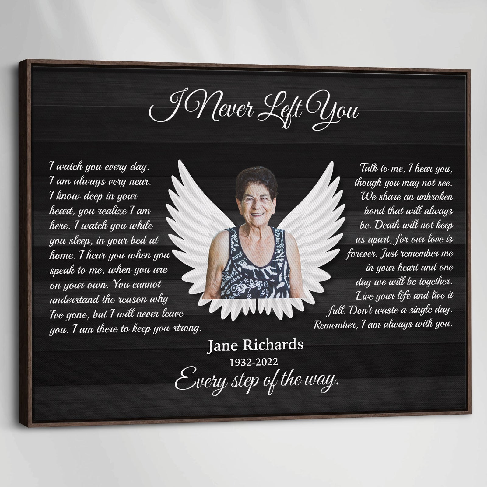 I Never Left You Memorial Canvas – Personalized Photo Frame with Angel Wings, Sympathy Gift, Bereavement Wall Art