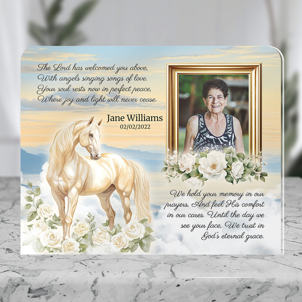 Personalized Memorial Plaque with Photo – White Horse & Roses, “God’s Eternal Grace” Christian Sympathy Gift