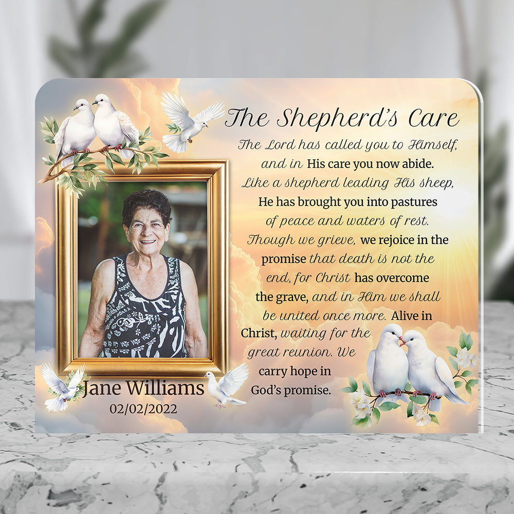 Personalized Memorial Plaque with Photo – Doves & Golden Sky, “The Shepherd’s Care” Christian Sympathy Gift