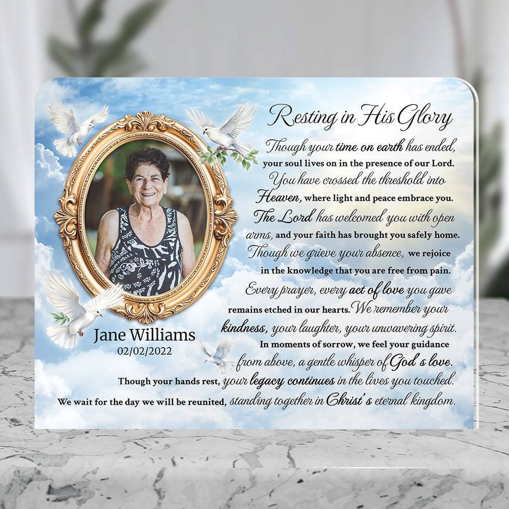 Personalized Memorial Plaque with Photo – Doves & Clouds, “Resting in His Glory” Christian Sympathy Gift