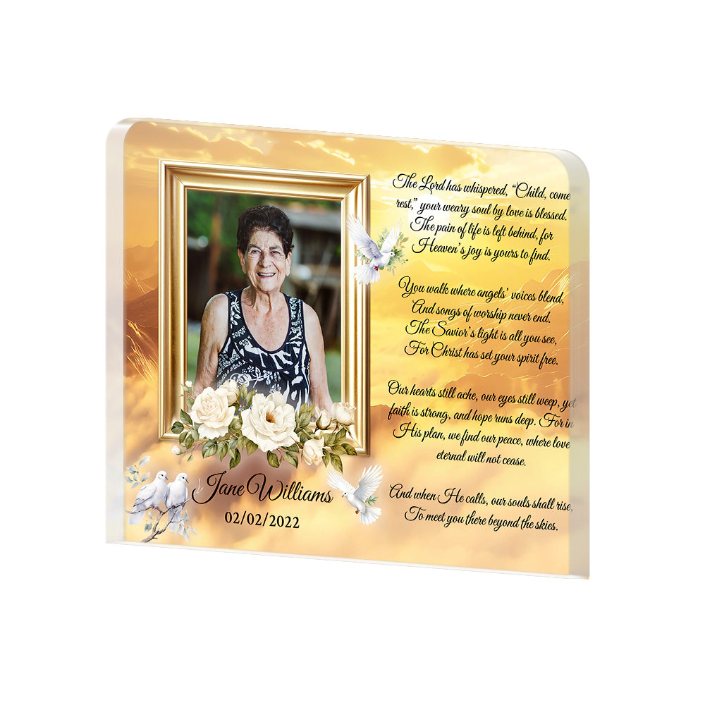 Personalized Memorial Plaque with Photo – Golden Sky & Doves, “Child, Come Rest” Christian Sympathy Gift