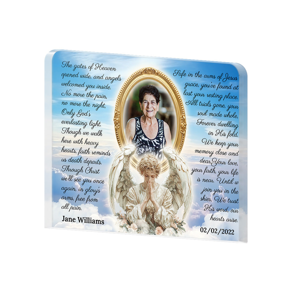 Personalized Memorial Plaque with Photo – Praying Angel & Doves, “Safe in the Arms of Jesus” Sympathy Gift