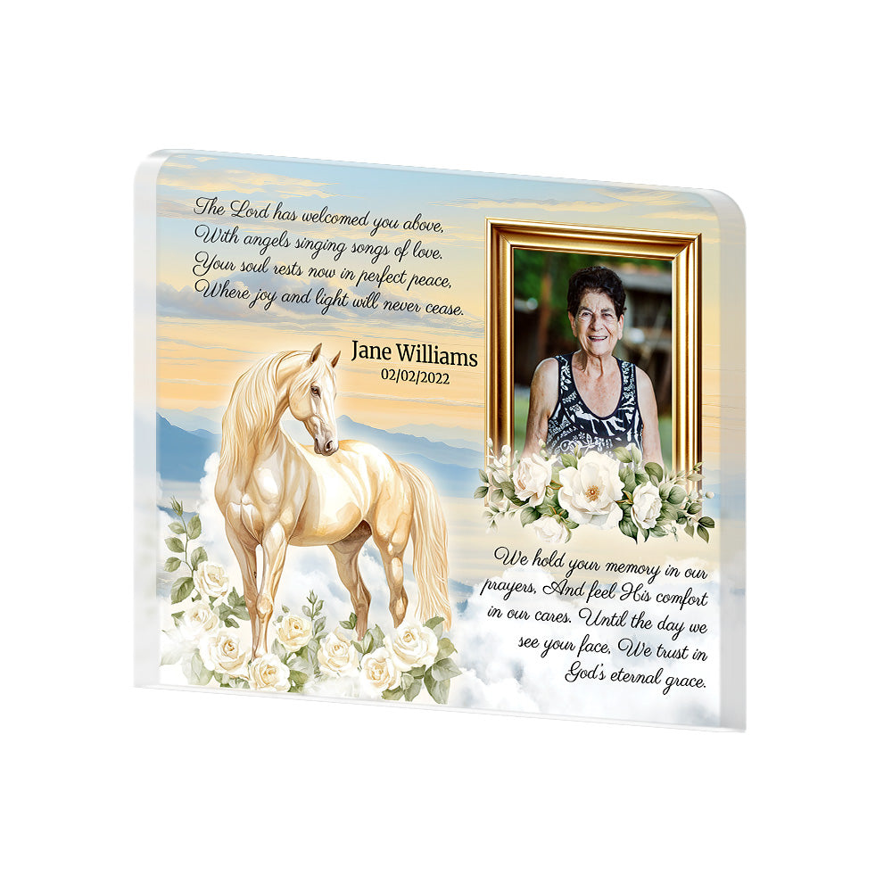 Personalized Memorial Plaque with Photo – White Horse & Roses, “God’s Eternal Grace” Christian Sympathy Gift