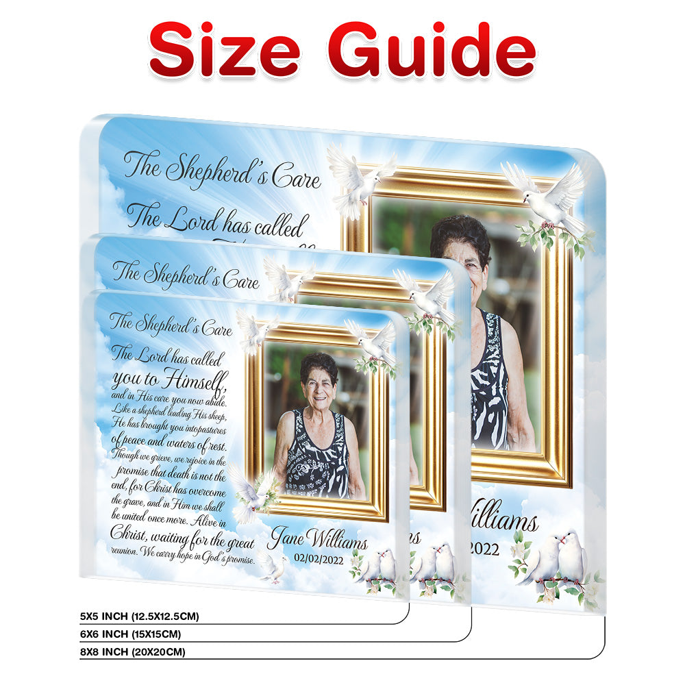 Personalized Memorial Plaque with Photo – Doves & Sky, “The Shepherd’s Care” Christian Sympathy Gift