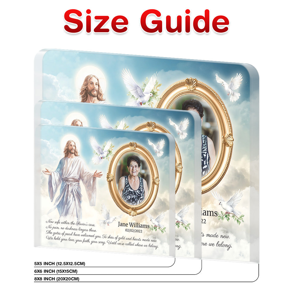 Personalized Memorial Plaque with Photo – Jesus & Doves, “Safe Within the Savior’s Care” Sympathy Gift