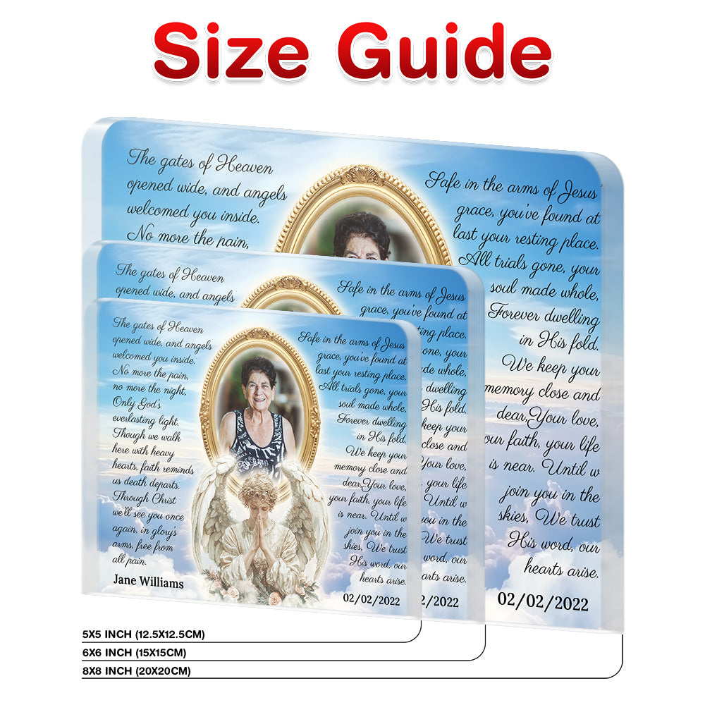 Personalized Memorial Plaque with Photo – Praying Angel & Doves, “Safe in the Arms of Jesus” Sympathy Gift
