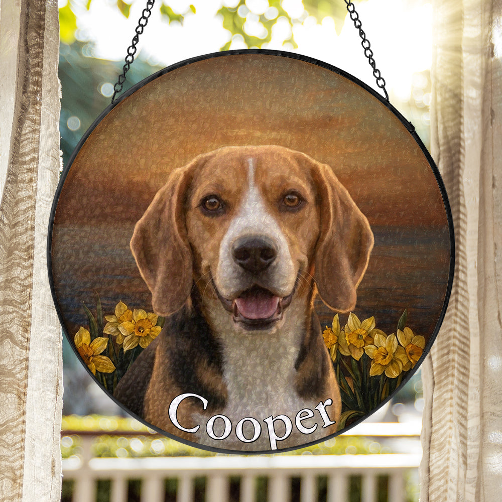 Personalized Beagle &amp; Daffodil Stained Glass Ornament