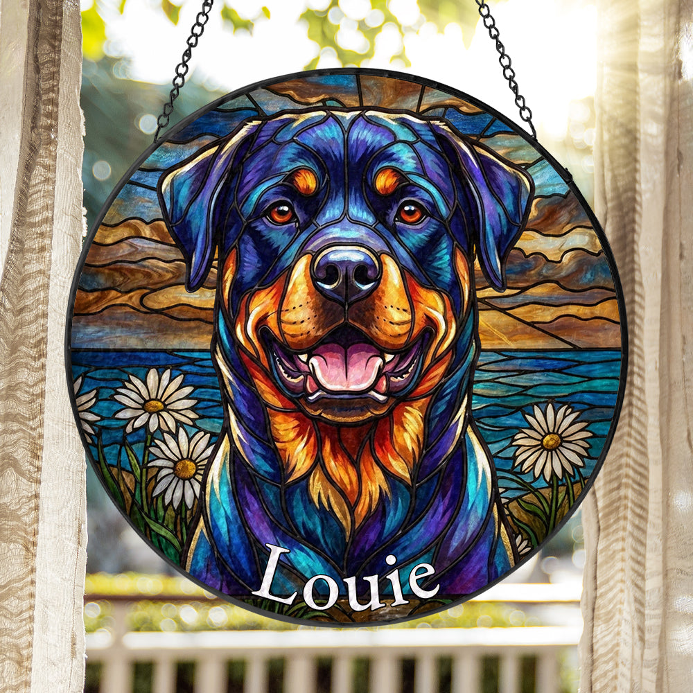 Personalized Rottweiler &amp; Daisy Stained Glass Ornament