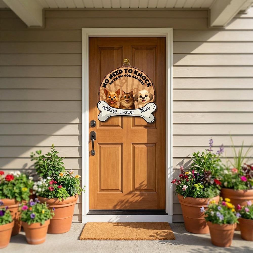 Personalized Bone Shaped Door Sign - No Need To Knock - Up to 6 Cats and/or Dogs