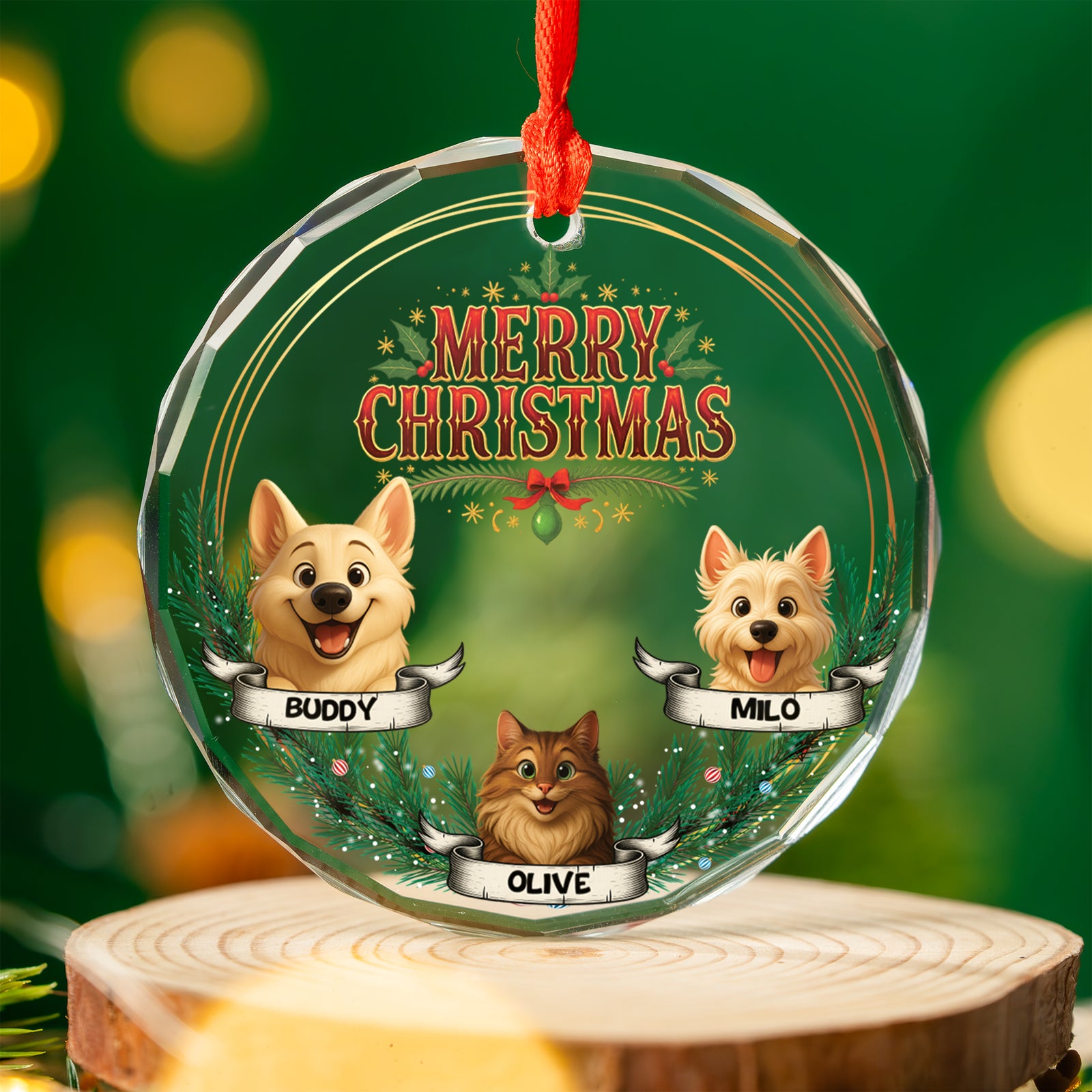 Personalized Merry Christmas Pet Ornament – Custom Pet Names Holiday Gift - Up to 10 Cats/Dogs/Photos