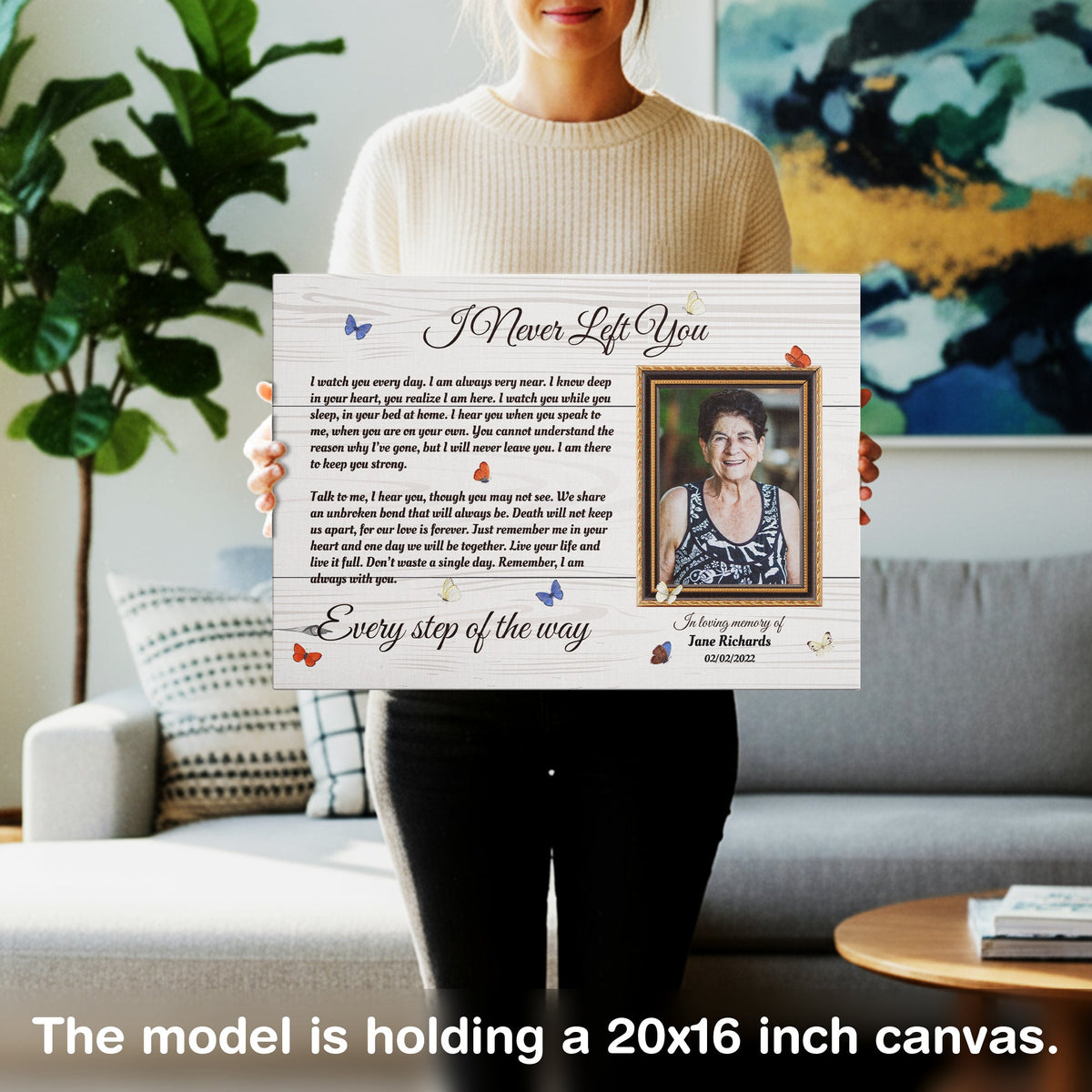 I Never Left You Memorial Canvas – Personalized Photo Frame with Butterflies, Bereavement Gift, Sympathy Wall Art