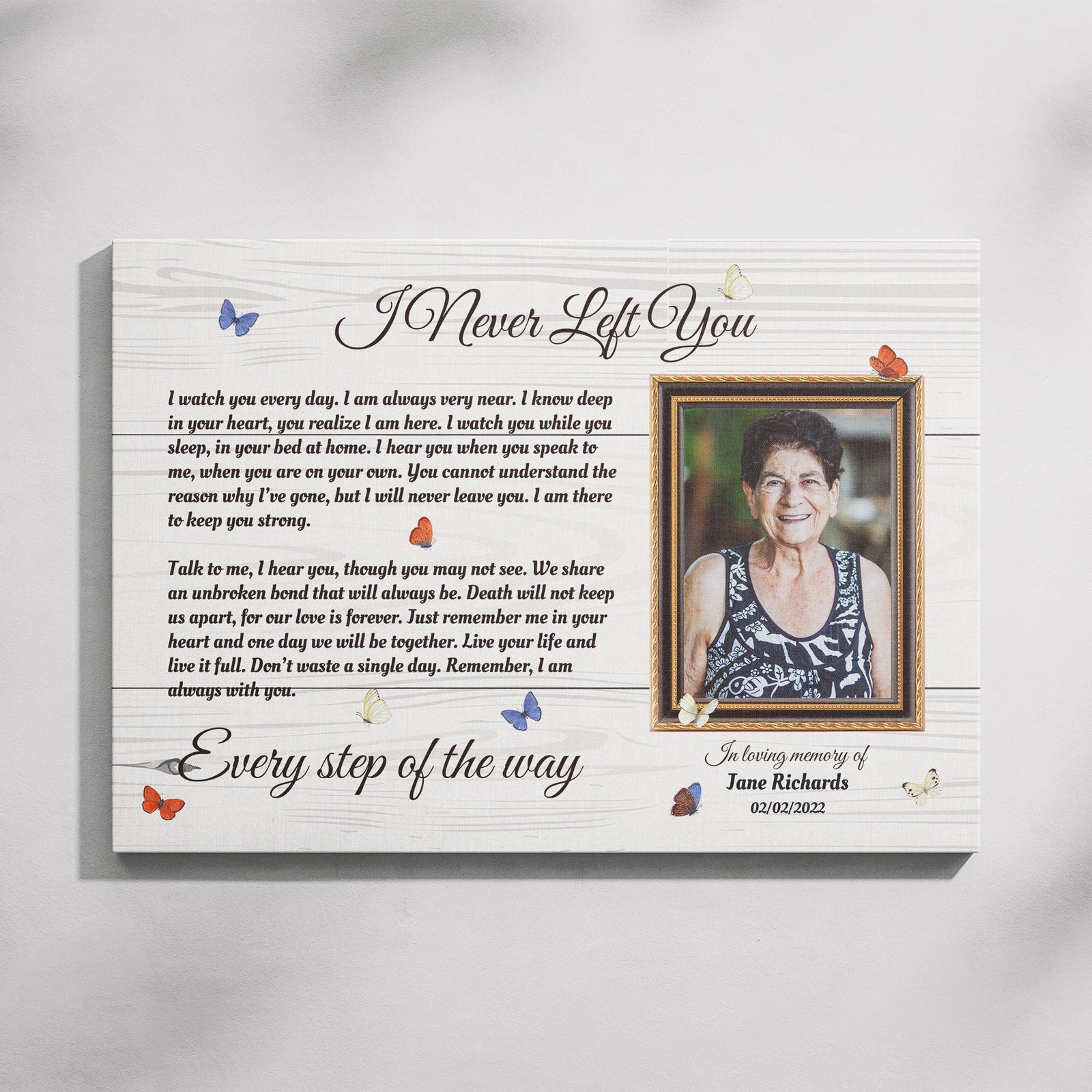 I Never Left You Memorial Canvas – Personalized Photo Frame with Butterflies, Bereavement Gift, Sympathy Wall Art