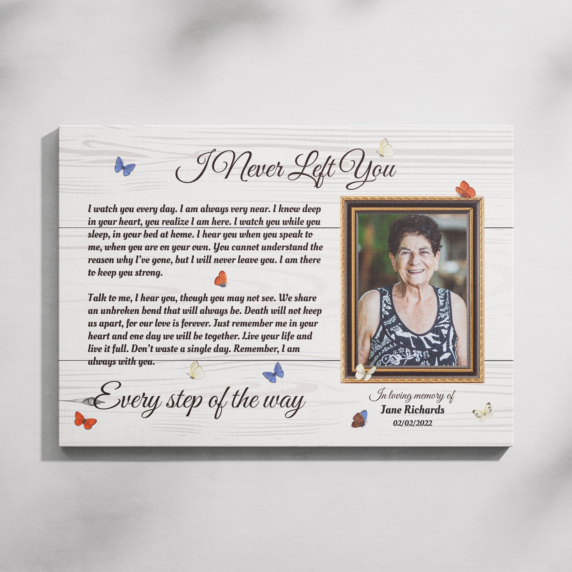 I Never Left You Memorial Canvas – Personalized Photo Frame with Butterflies, Bereavement Gift, Sympathy Wall Art