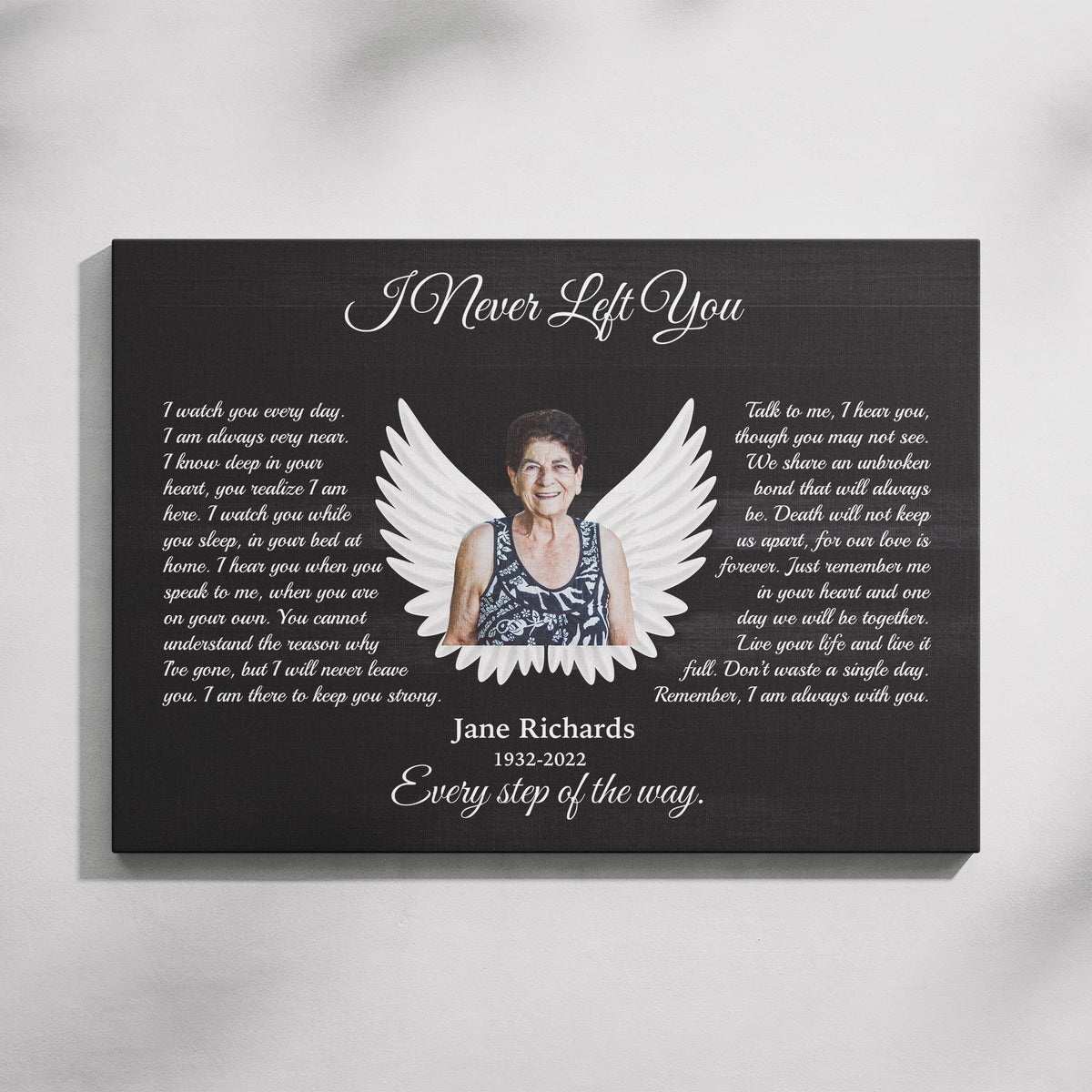 I Never Left You Memorial Canvas – Personalized Photo Frame with Angel Wings, Sympathy Gift, Bereavement Wall Art