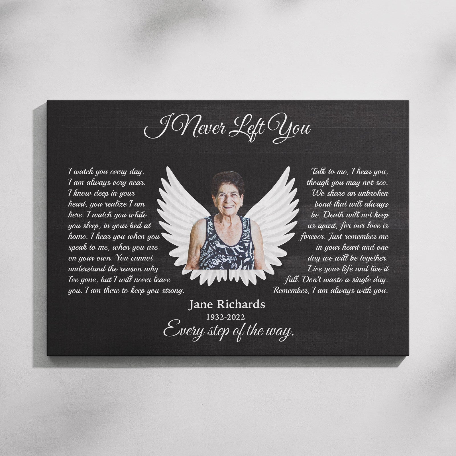 I Never Left You Memorial Canvas – Personalized Photo Frame with Angel Wings, Sympathy Gift, Bereavement Wall Art