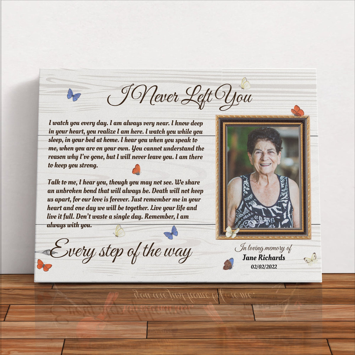 I Never Left You Memorial Canvas – Personalized Photo Frame with Butterflies, Bereavement Gift, Sympathy Wall Art