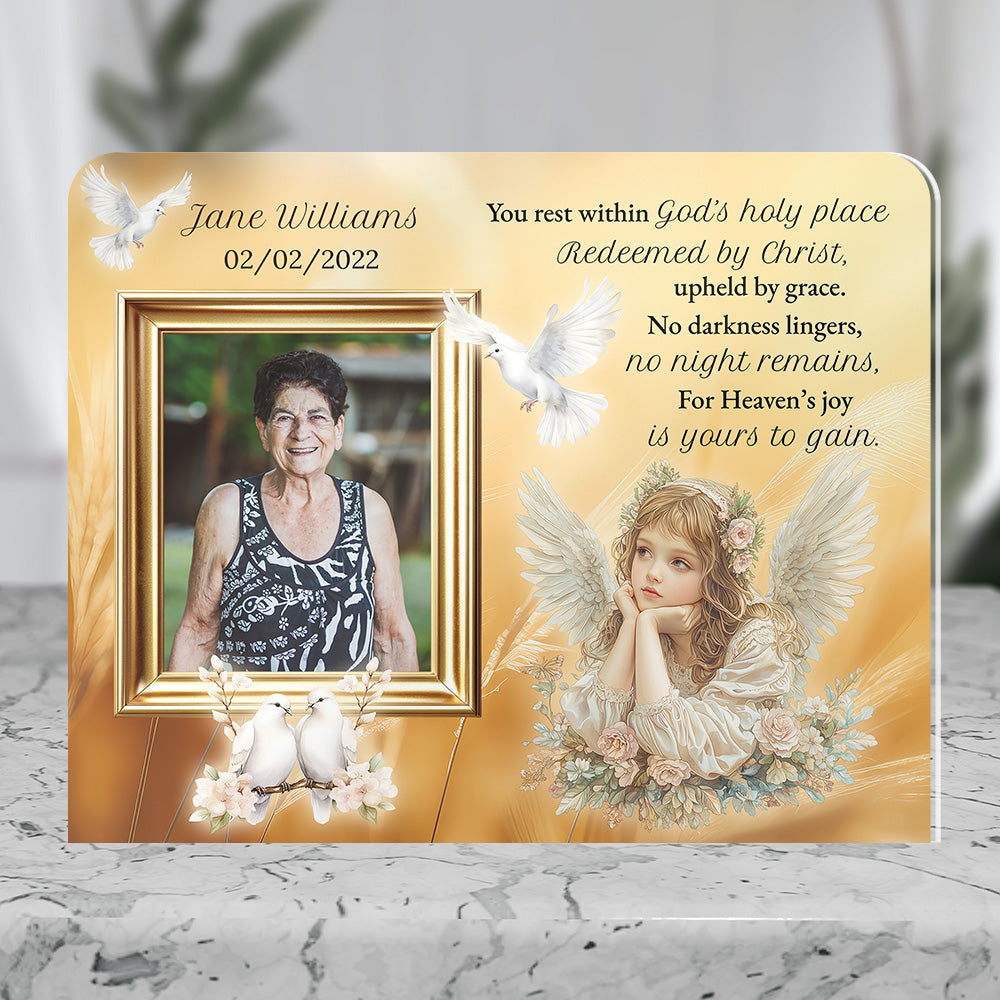 Personalized Memorial Plaque with Photo – Angel & Doves, “God’s Holy Place” Christian Sympathy Gift