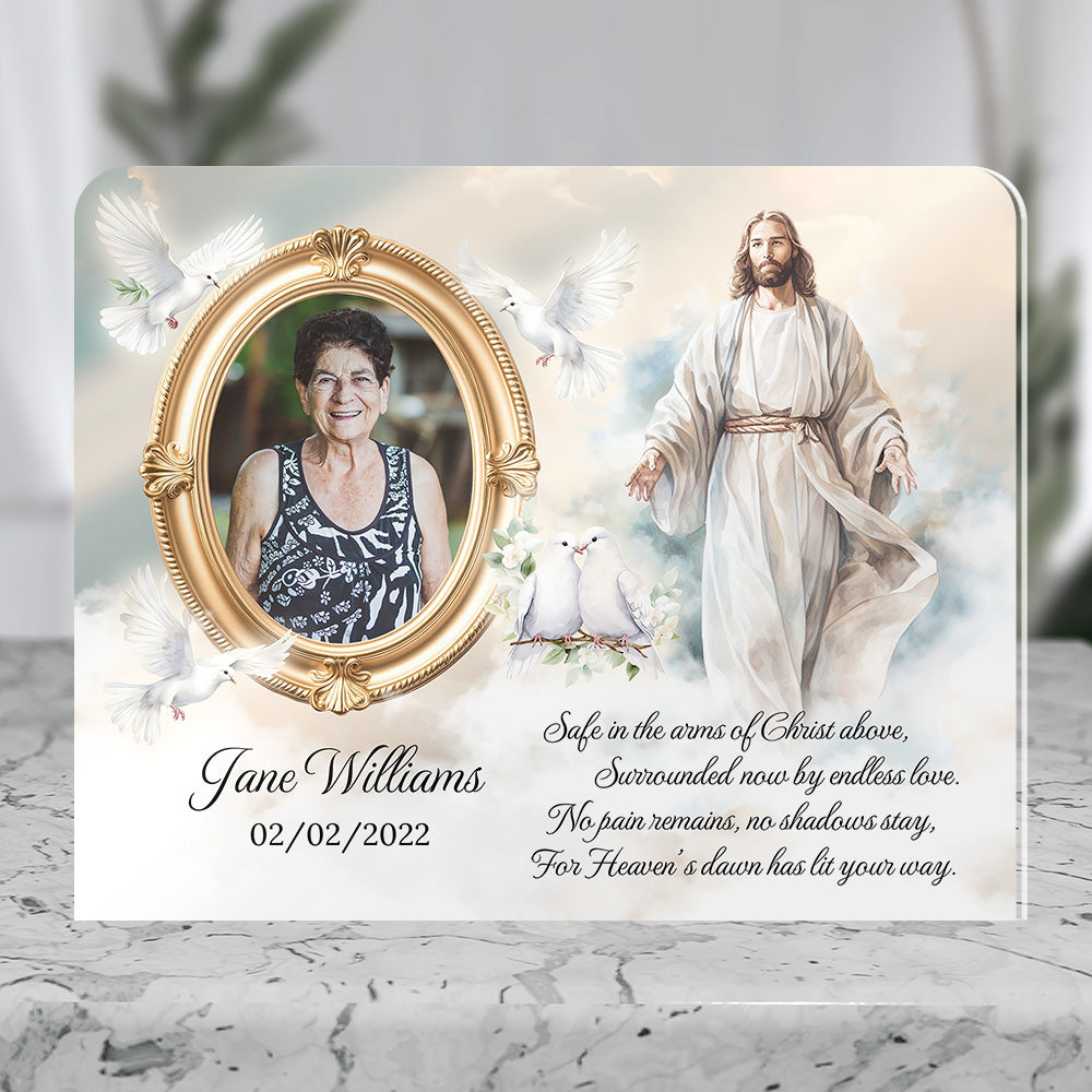 Personalized Memorial Plaque with Photo – Jesus &amp; Doves, “Safe in the Arms of Christ” Sympathy Gift