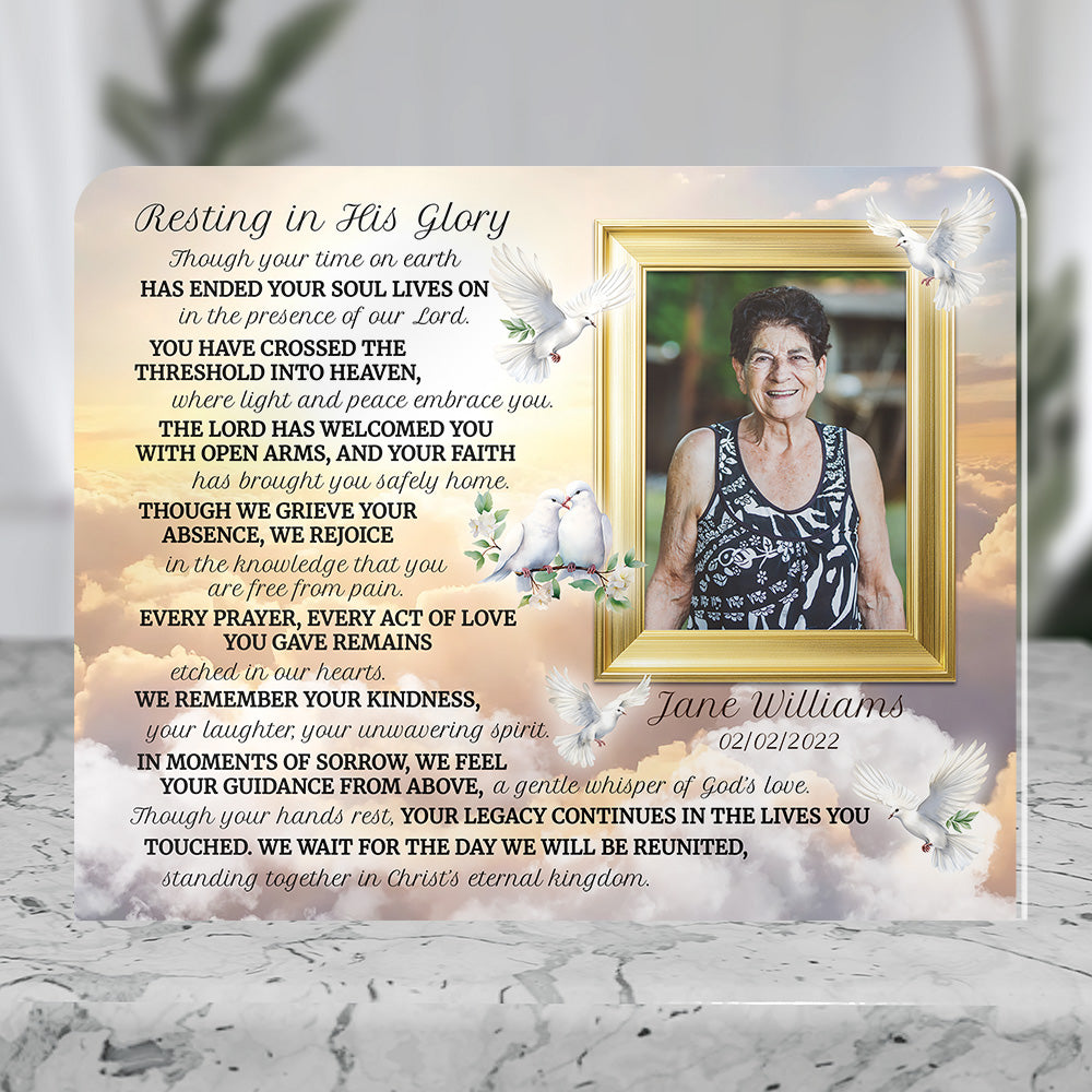 Personalized Memorial Plaque with Photo – Golden Clouds &amp; Doves, “Resting in His Glory” Christian Sympathy Gift