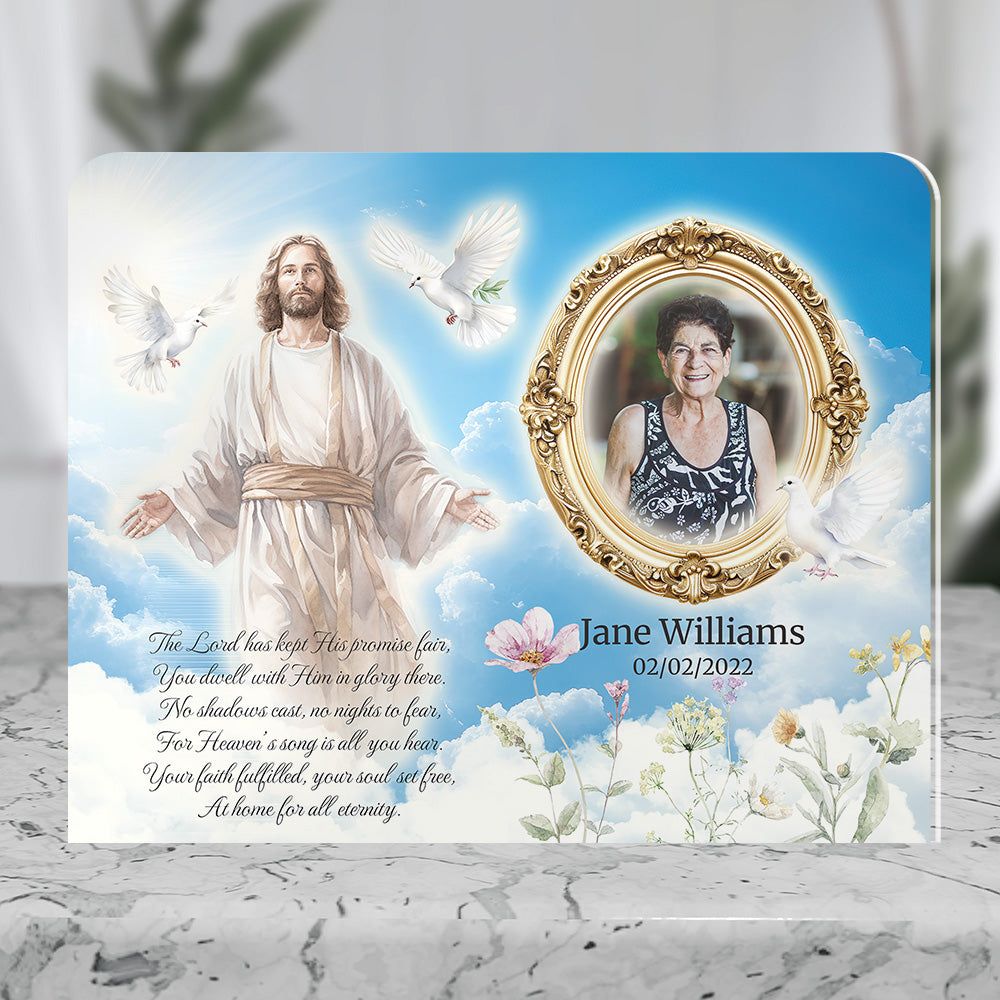 Personalized Memorial Plaque with Photo – Jesus &amp; Doves, “At Home for All Eternity” Christian Sympathy Gift