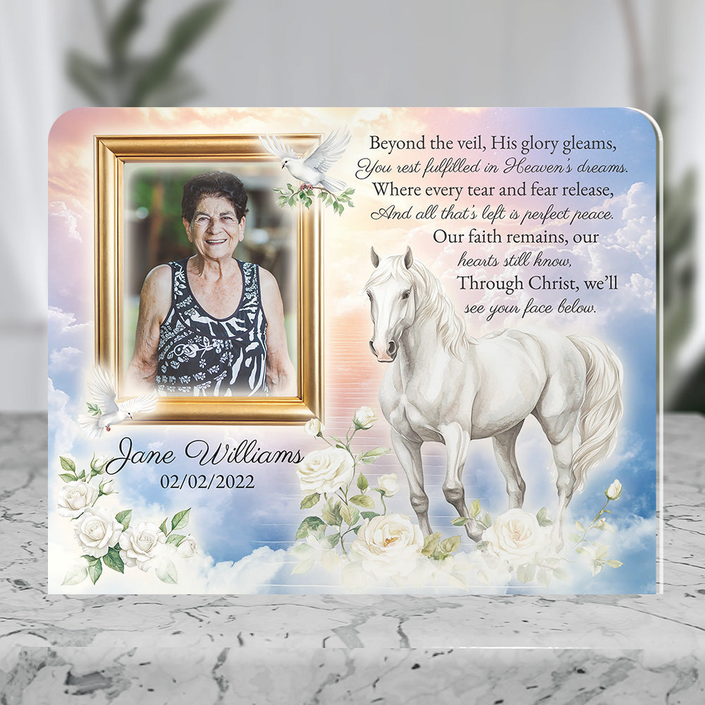 Personalized Memorial Plaque with Photo – White Horse &amp; Doves, “Beyond the Veil” Christian Sympathy Gift