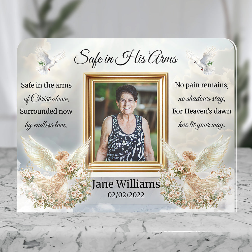 Personalized Memorial Plaque with Photo – “Safe in His Arms” Angel &amp; Doves Sympathy Gift