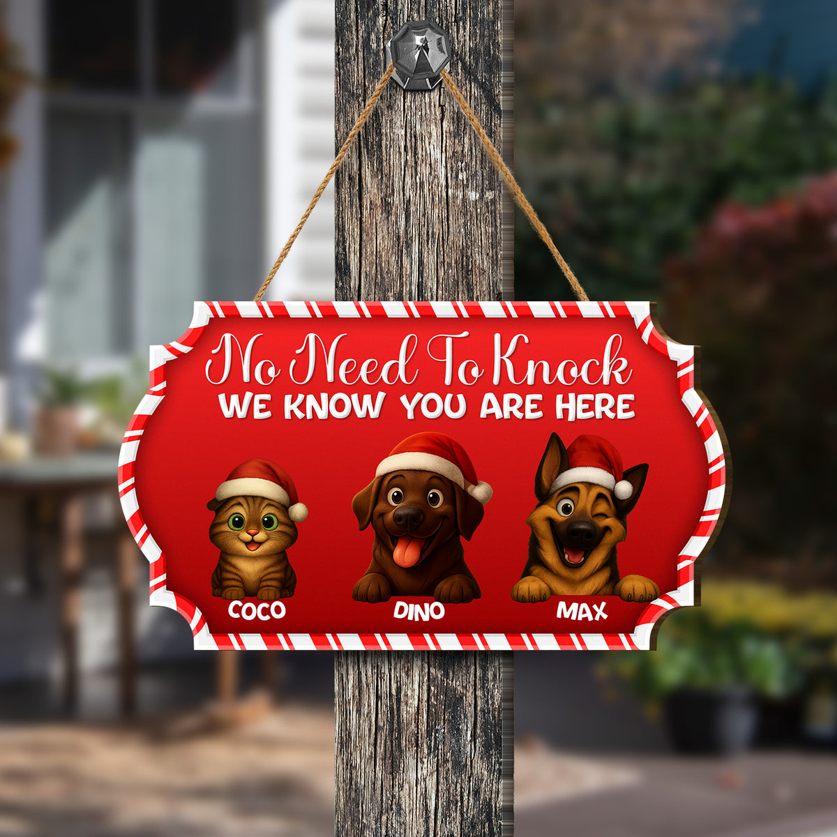 Personalized Christmas Pet Door Sign – “No Need to Knock, We Know You Are Here” – Cat & Dog Wooden Sign