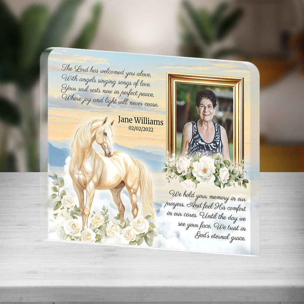 Personalized Memorial Plaque with Photo – White Horse & Roses, “God’s Eternal Grace” Christian Sympathy Gift