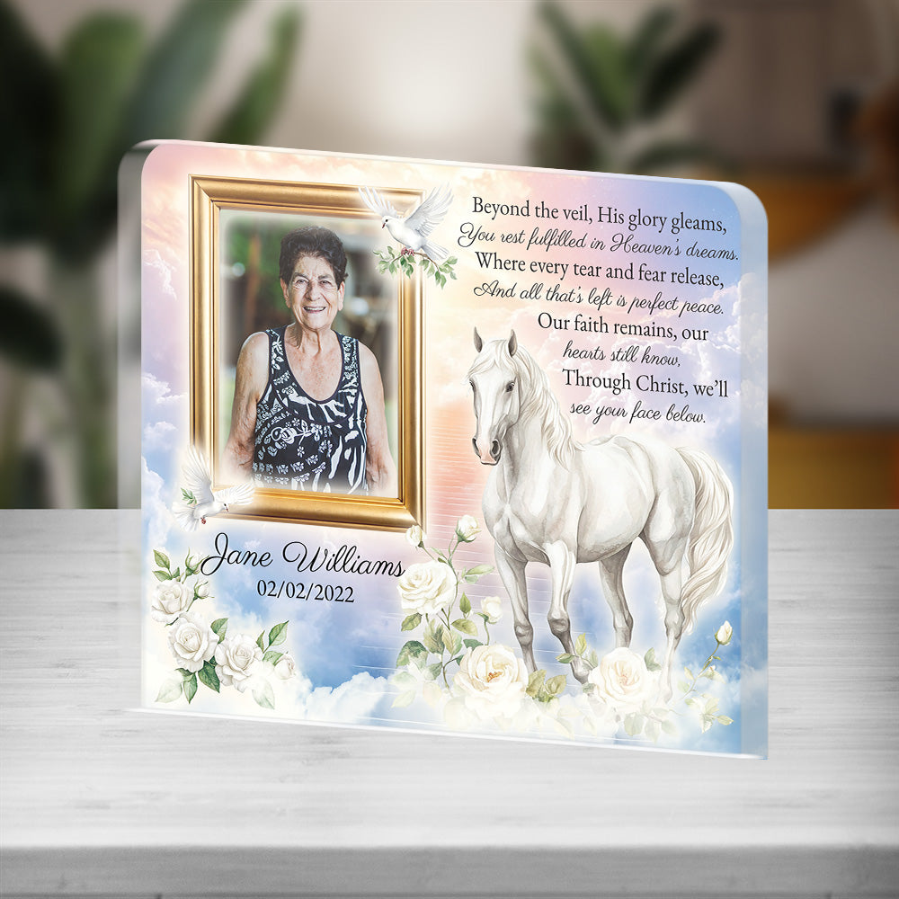 Personalized Memorial Plaque with Photo – White Horse & Doves, “Beyond the Veil” Christian Sympathy Gift