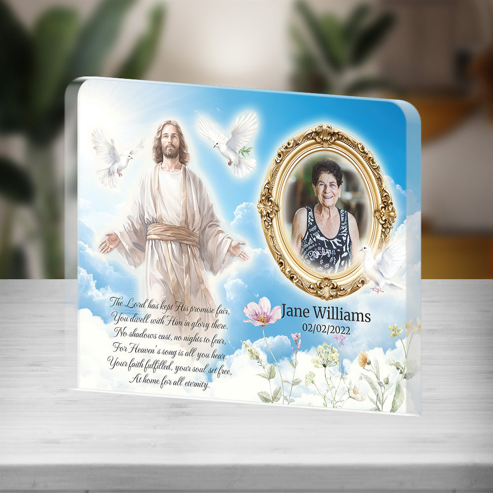 Personalized Memorial Plaque with Photo – Jesus & Doves, “At Home for All Eternity” Christian Sympathy Gift