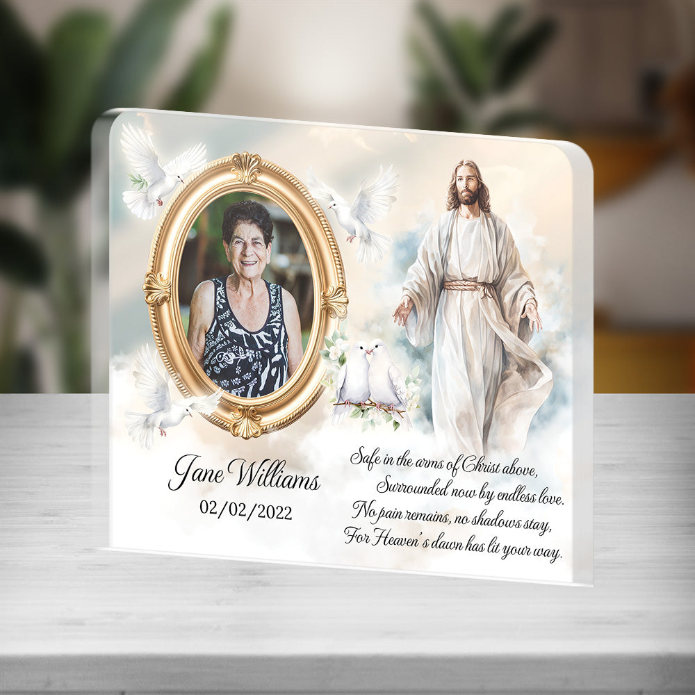 Personalized Memorial Plaque with Photo – Jesus & Doves, “Safe in the Arms of Christ” Sympathy Gift
