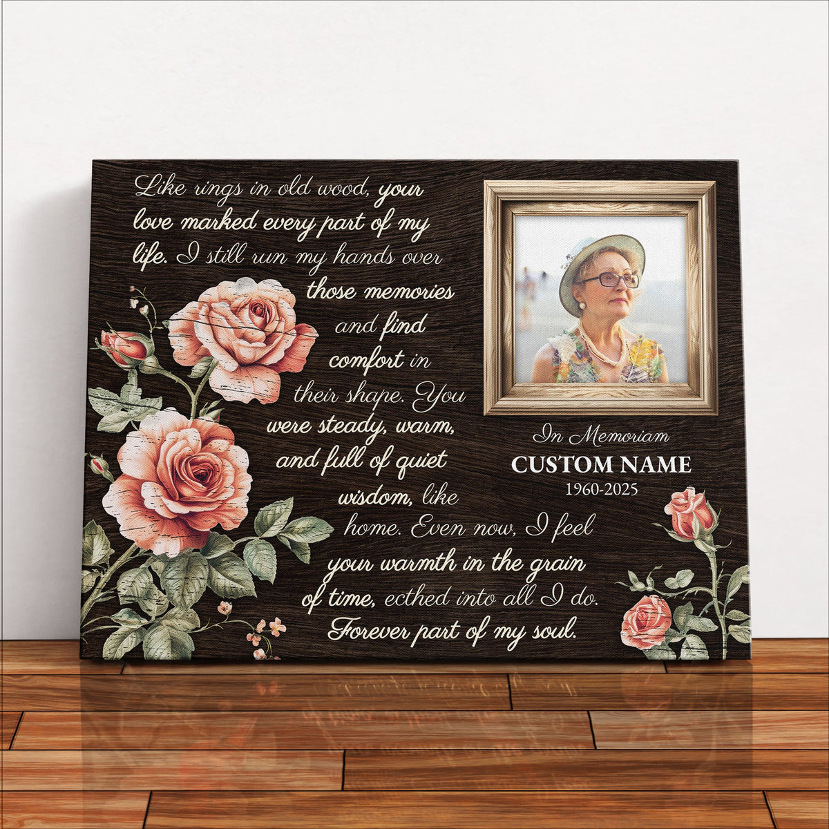 Personalized Memorial Canvas – Rustic Floral Tribute with Custom Photo & Name
