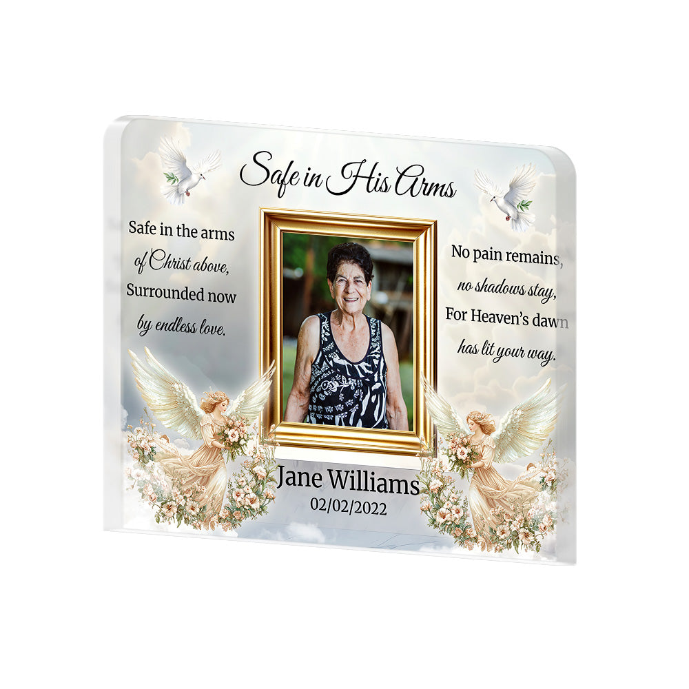 Personalized Memorial Plaque with Photo – “Safe in His Arms” Angel & Doves Sympathy Gift