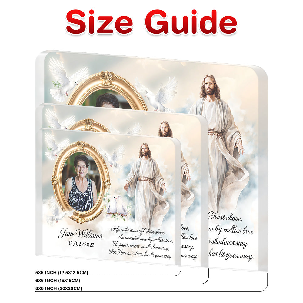 Personalized Memorial Plaque with Photo – Jesus & Doves, “Safe in the Arms of Christ” Sympathy Gift