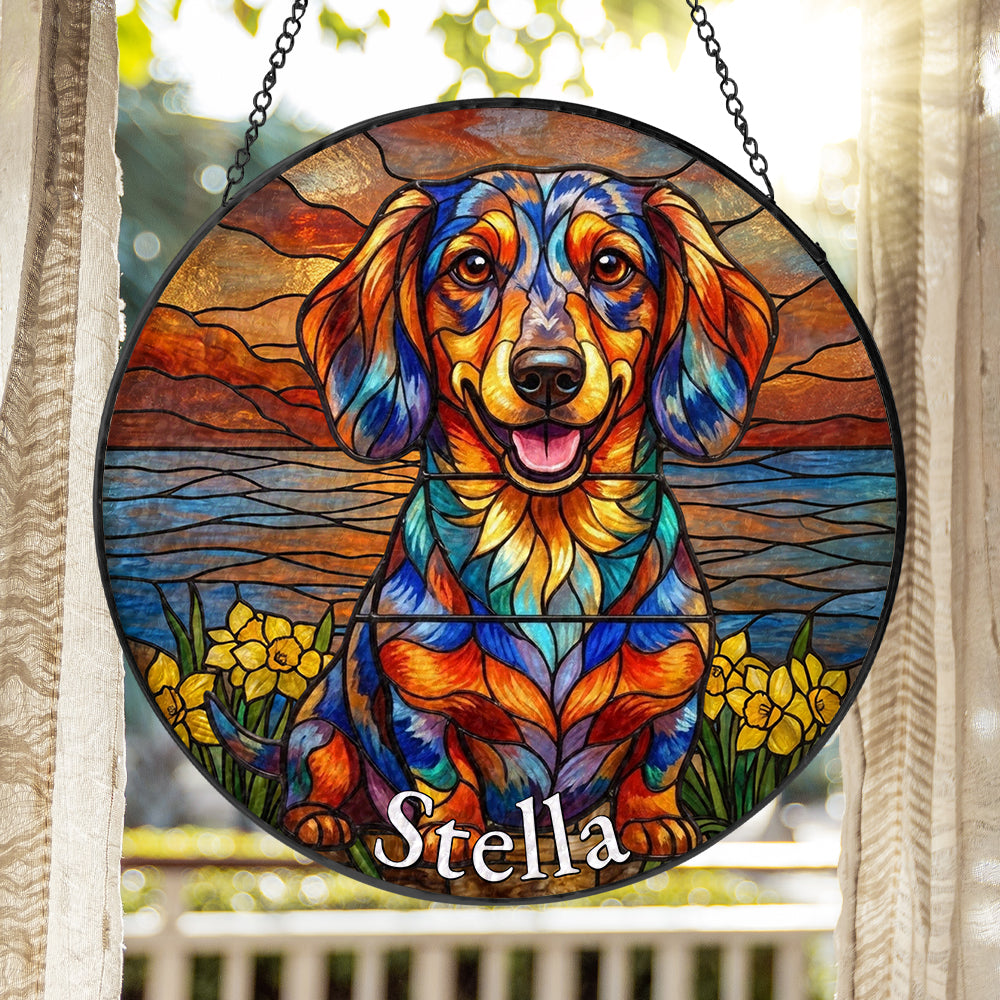 Personalized Dachshund &amp; Daffodil Stained Glass Ornament