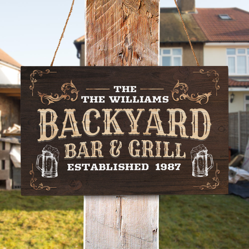 Backyard Bar and Grill Wooden Sign - Personalized Backyard Wooden Sign - Vintage Style Wooden Sign