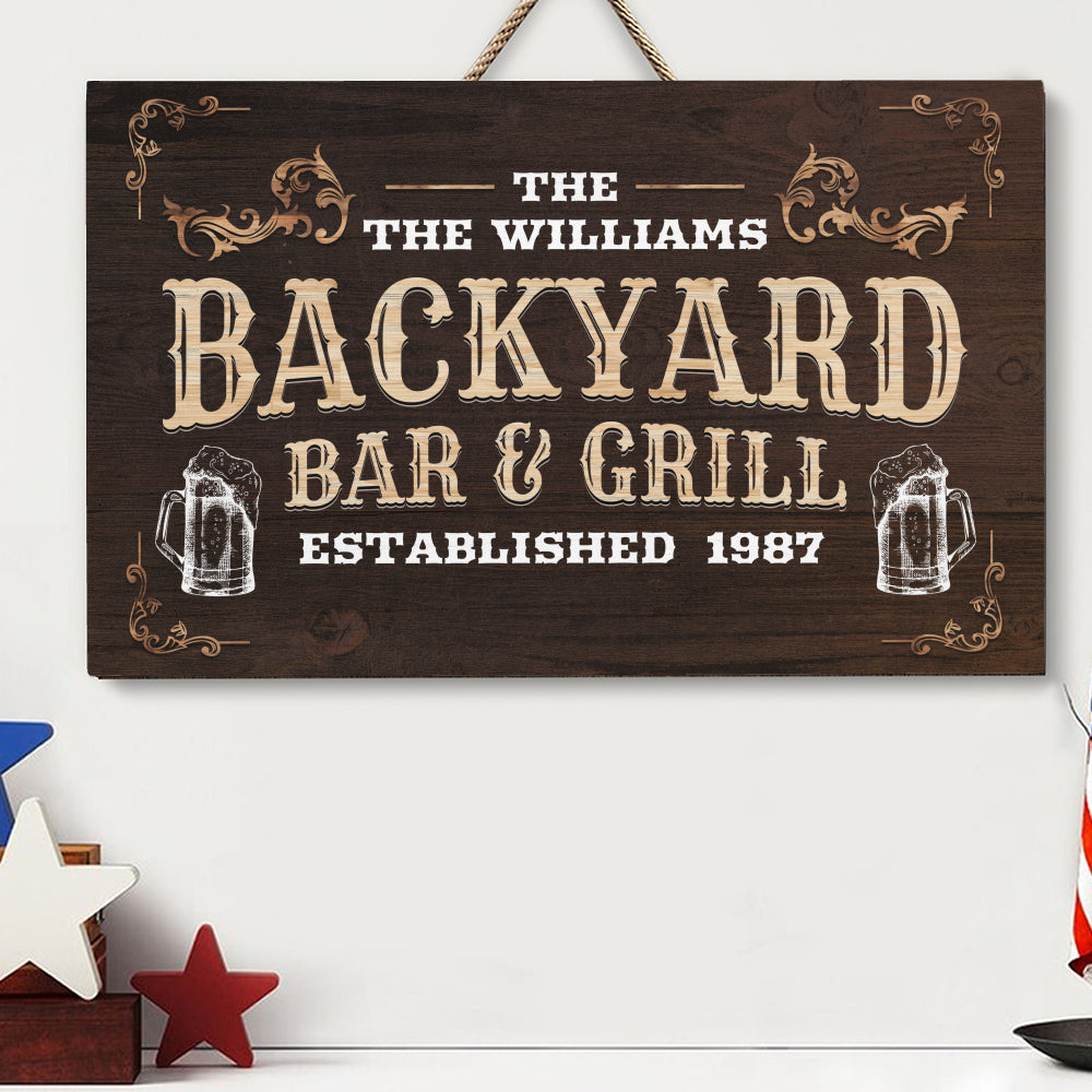 Backyard Bar and Grill Wooden Sign - Personalized Backyard Wooden Sign - Vintage Style Wooden Sign